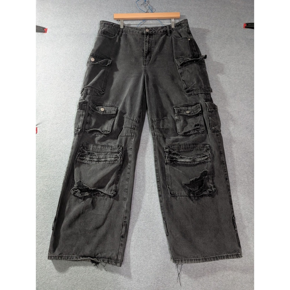 Y2K Baggy Cargo Jeans Mens 38x31 Distressed Wide Leg Skater Pants Retro Goth